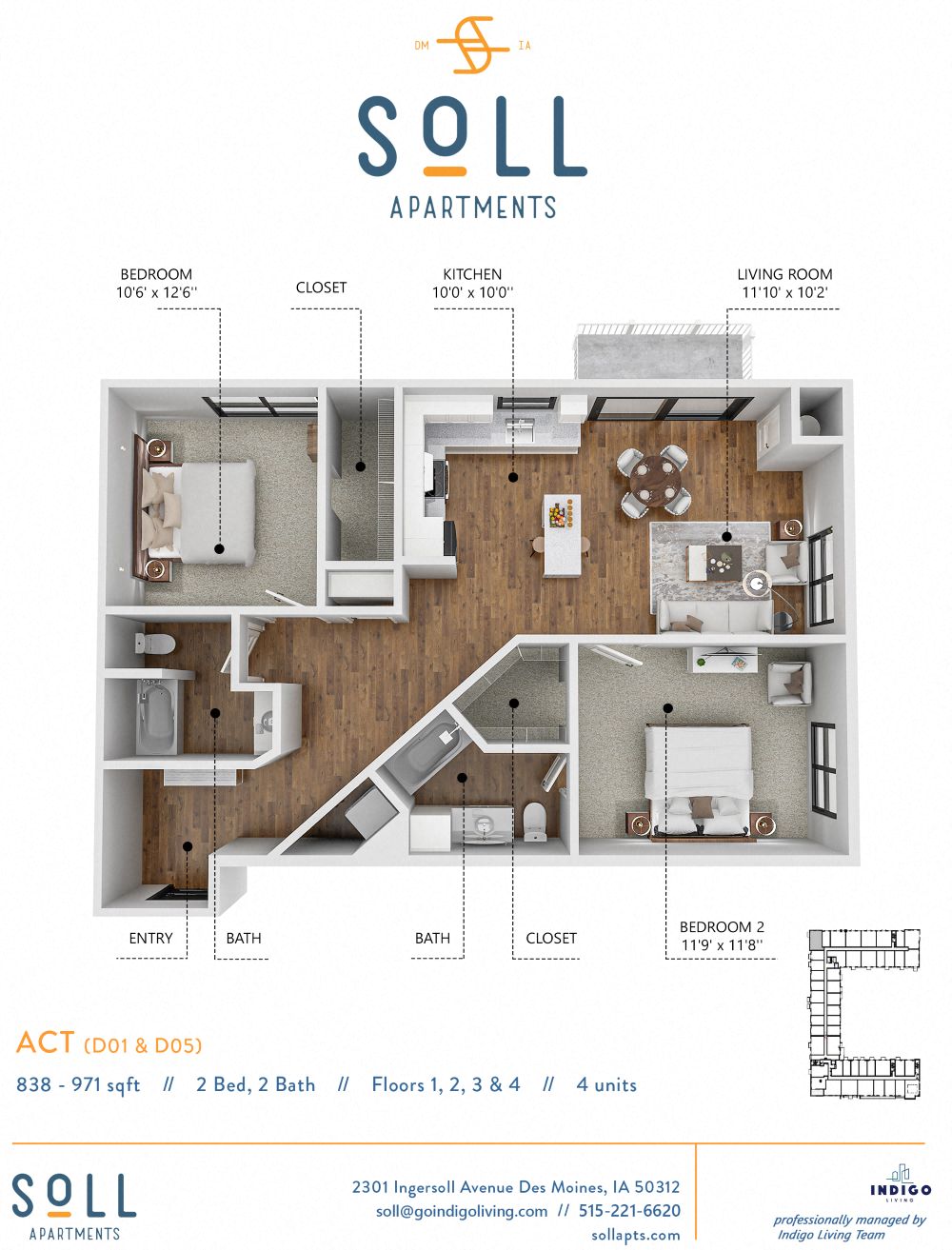 Floor plan for 2 beds, 2 baths, 838 sqft